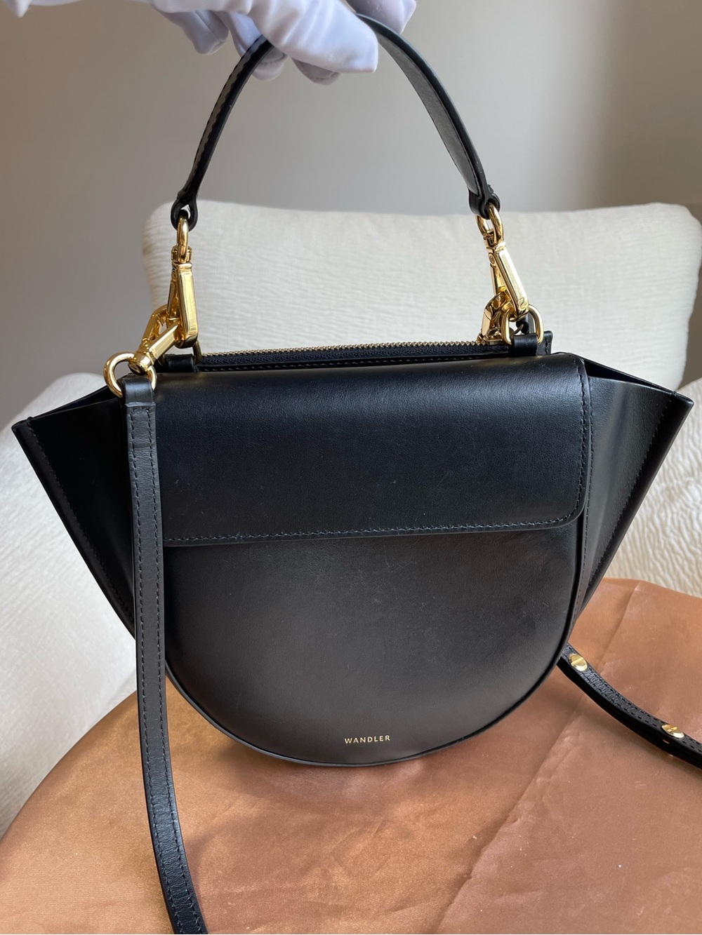 Wandler Black Leather Demi Moon Shoulder Bag with Gold Hardware